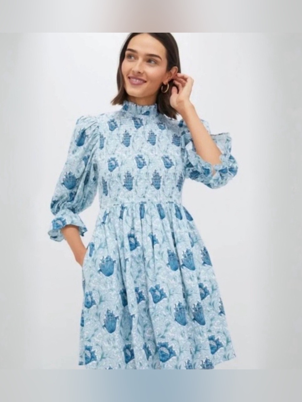 Tuckernuck Hyacinth House Larah Blue Mini Dress Smocked Puff Sleeve Size Small